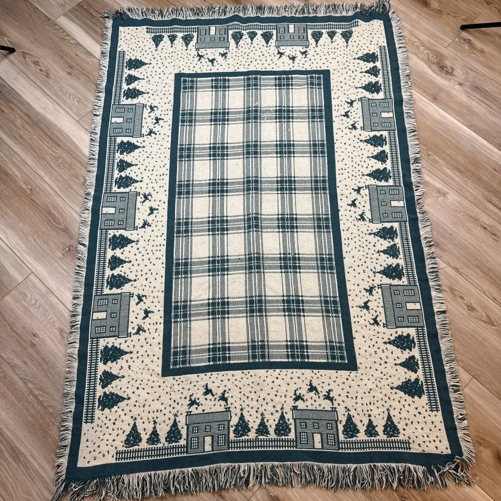 Vintage Green White Christmas Throw Blanket Snow House‎ Reindeer 66x44 Fringed